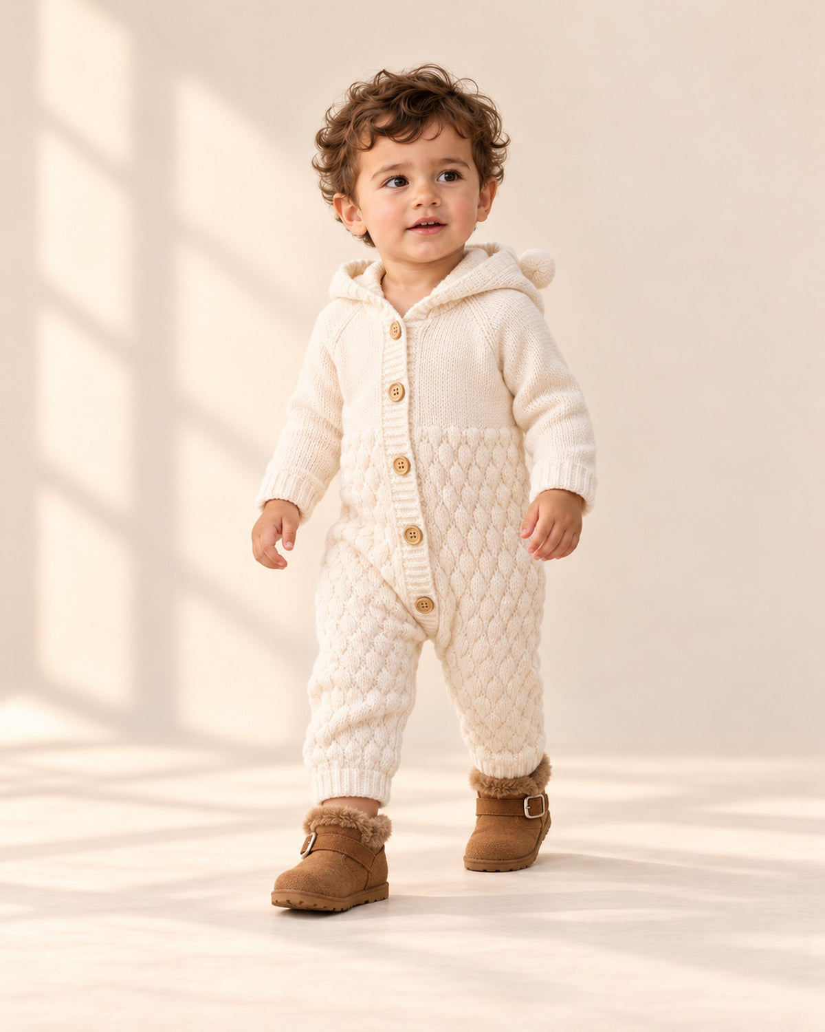 Baby in the cream Bruno bear ear romper with the hood up, sitting on the studio floor – Cream