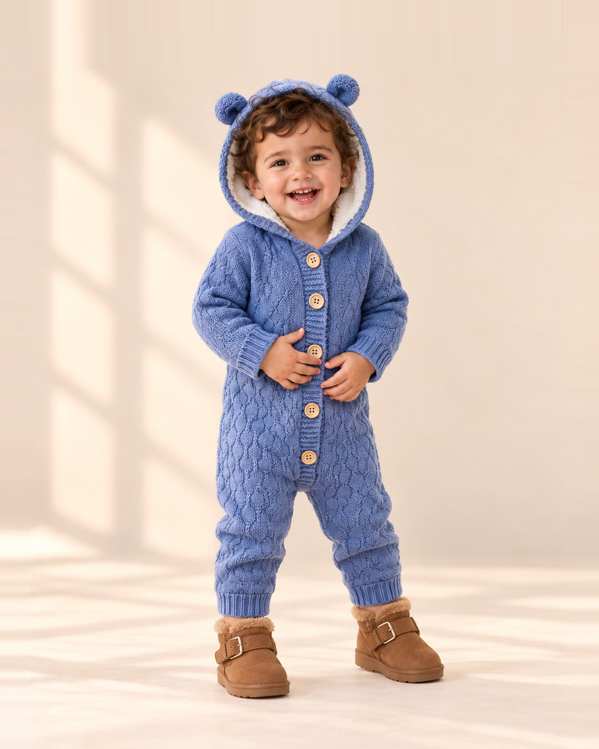 Bruno Bear Ear Hooded Knit Romper in Dusty Blue – main