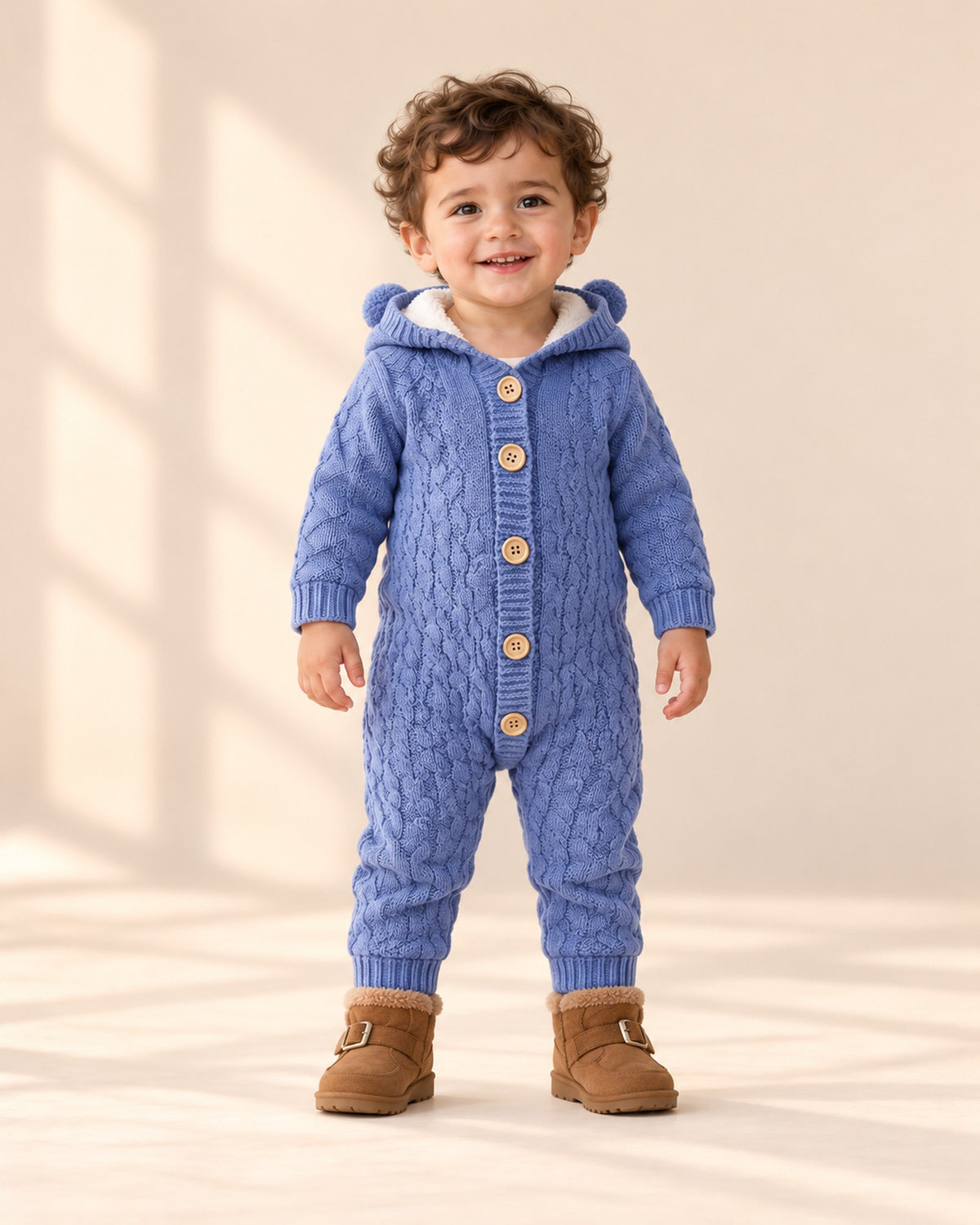 Bruno Bear Ear Hooded Knit Romper in Dusty Blue – full front view