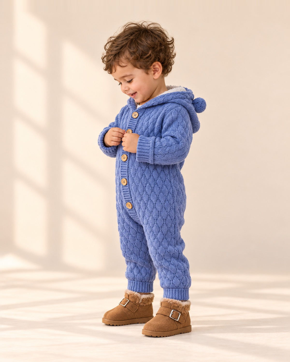 Bruno Bear Ear Hooded Knit Romper in Dusty Blue – side view