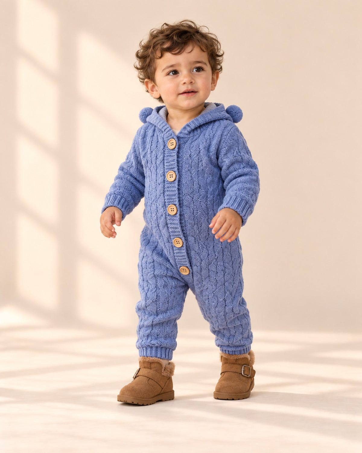 Bruno Bear Ear Hooded Knit Romper in Dusty Blue – natural pose