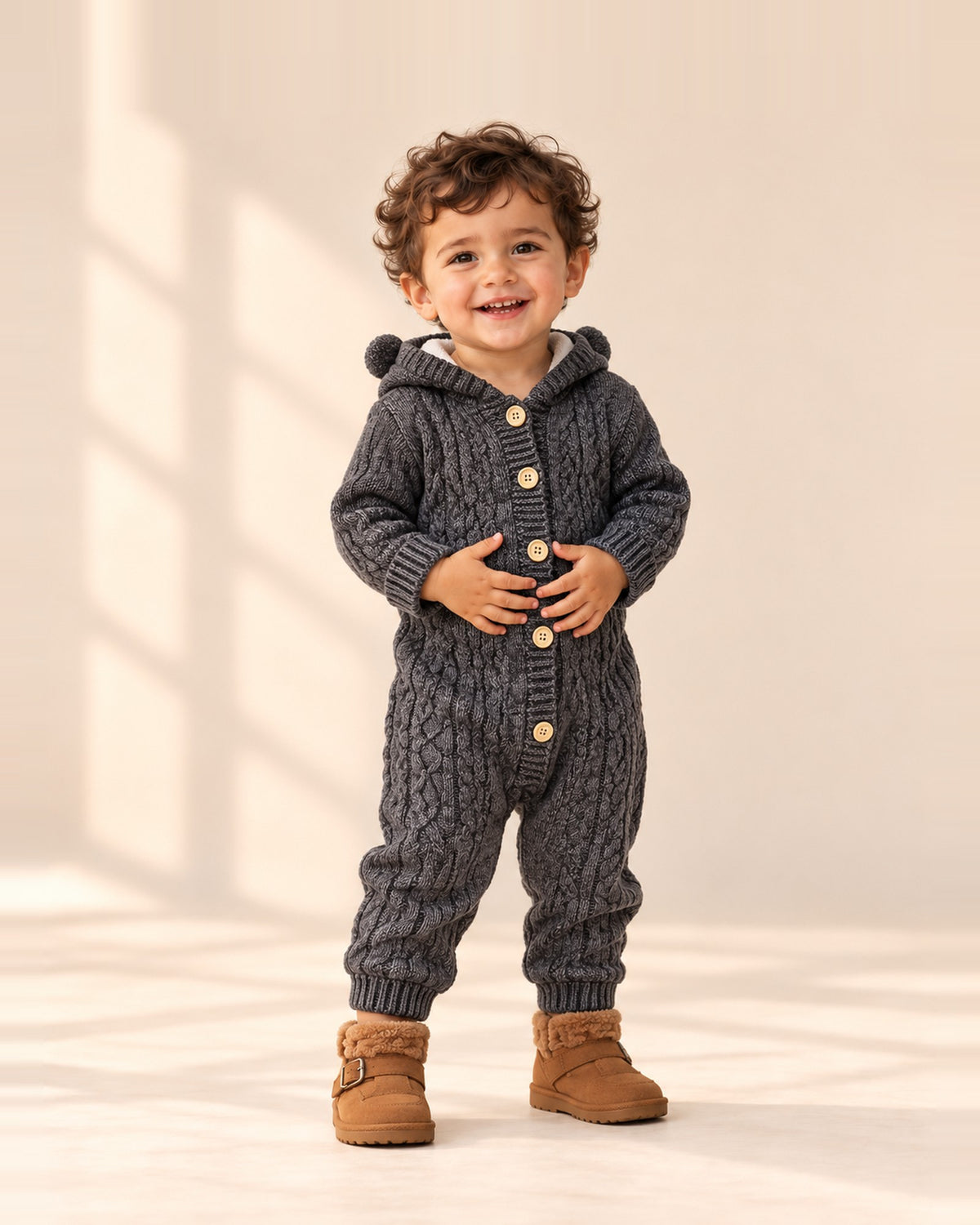 Bruno Bear Ear Hooded Knit Romper in Grey – main