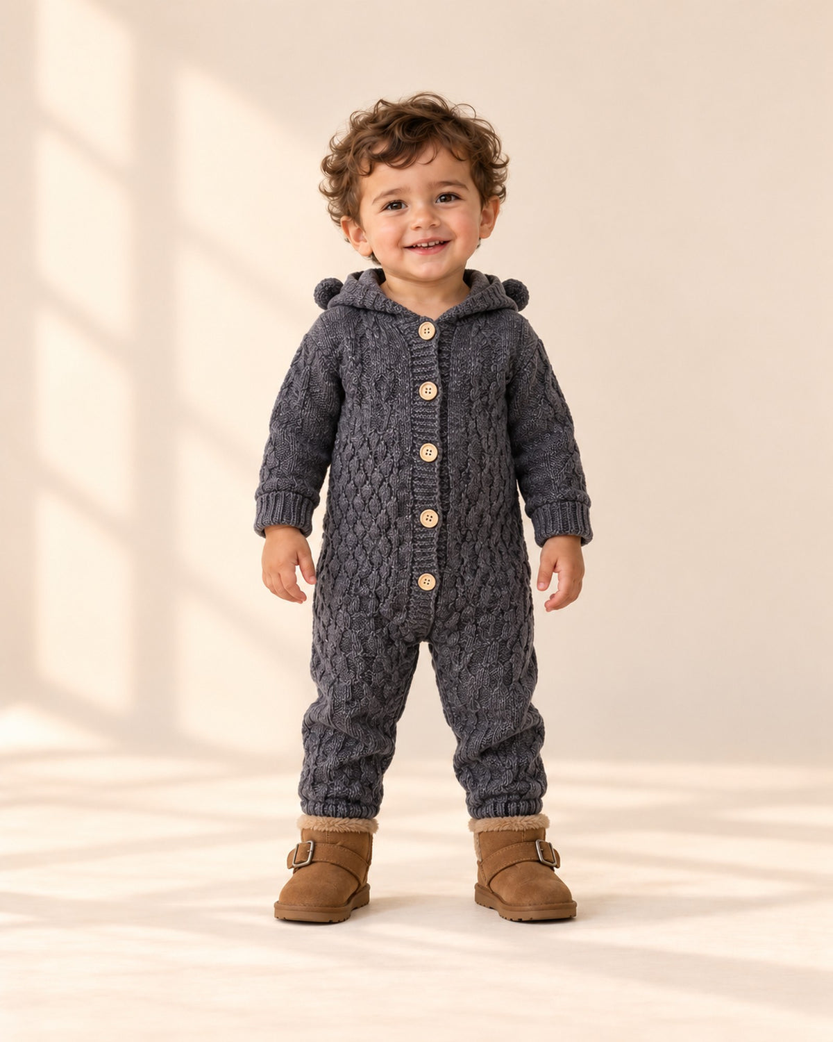 Bruno Bear Ear Hooded Knit Romper in Grey – full front view