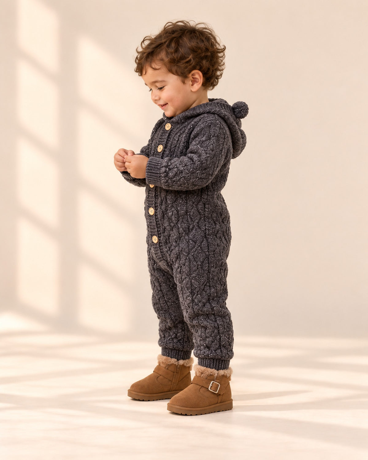 Bruno Bear Ear Hooded Knit Romper in Grey – side view