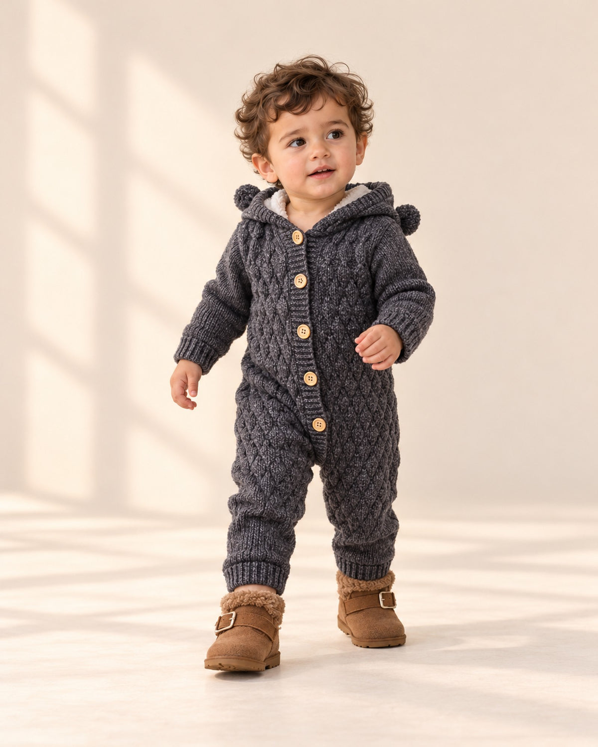 Bruno Bear Ear Hooded Knit Romper in Grey – natural pose