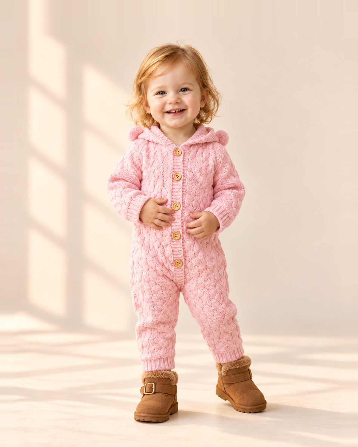 Bruno Bear Ear Hooded Knit Romper in Pink – main