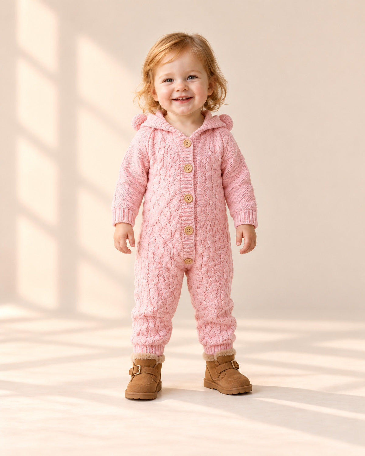 Bruno Bear Ear Hooded Knit Romper in Pink – full front view