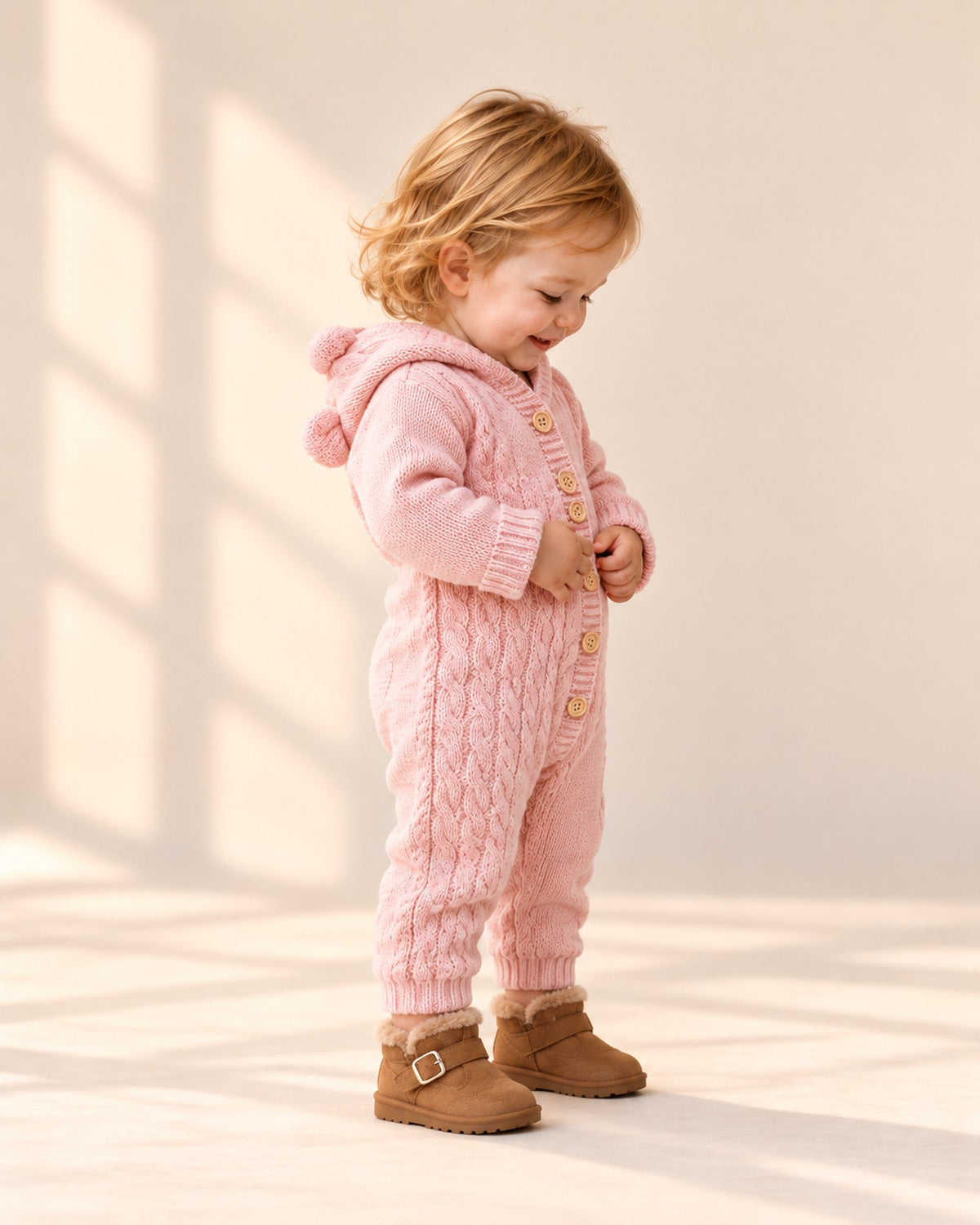 Bruno Bear Ear Hooded Knit Romper in Pink – side view