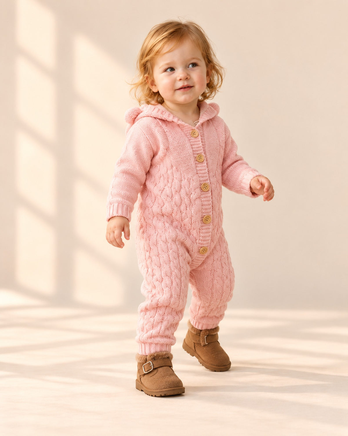 Bruno Bear Ear Hooded Knit Romper in Pink – natural pose