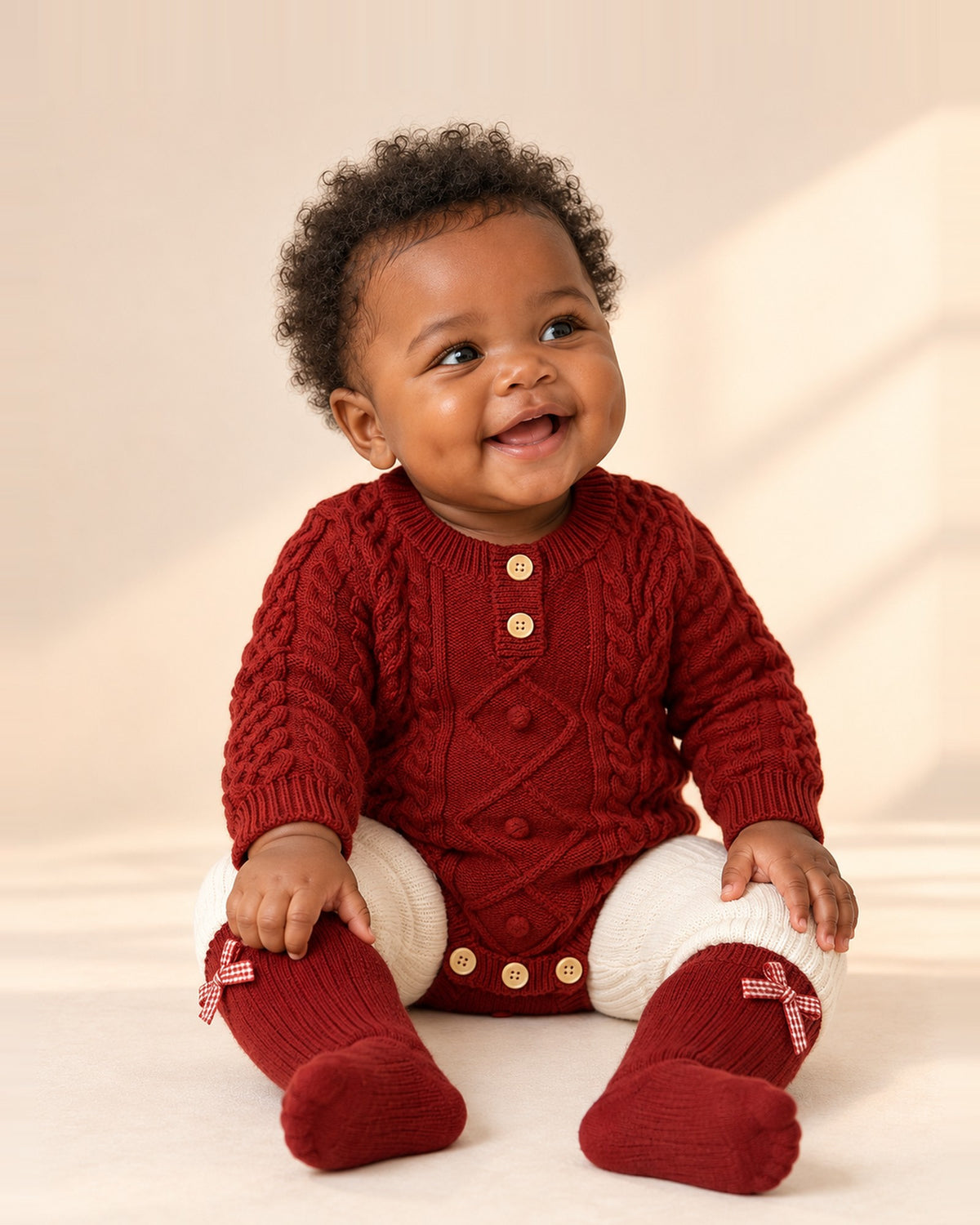 Close-up of the red cable knit bodysuit with bobbles and two buttons at the neck – Red
