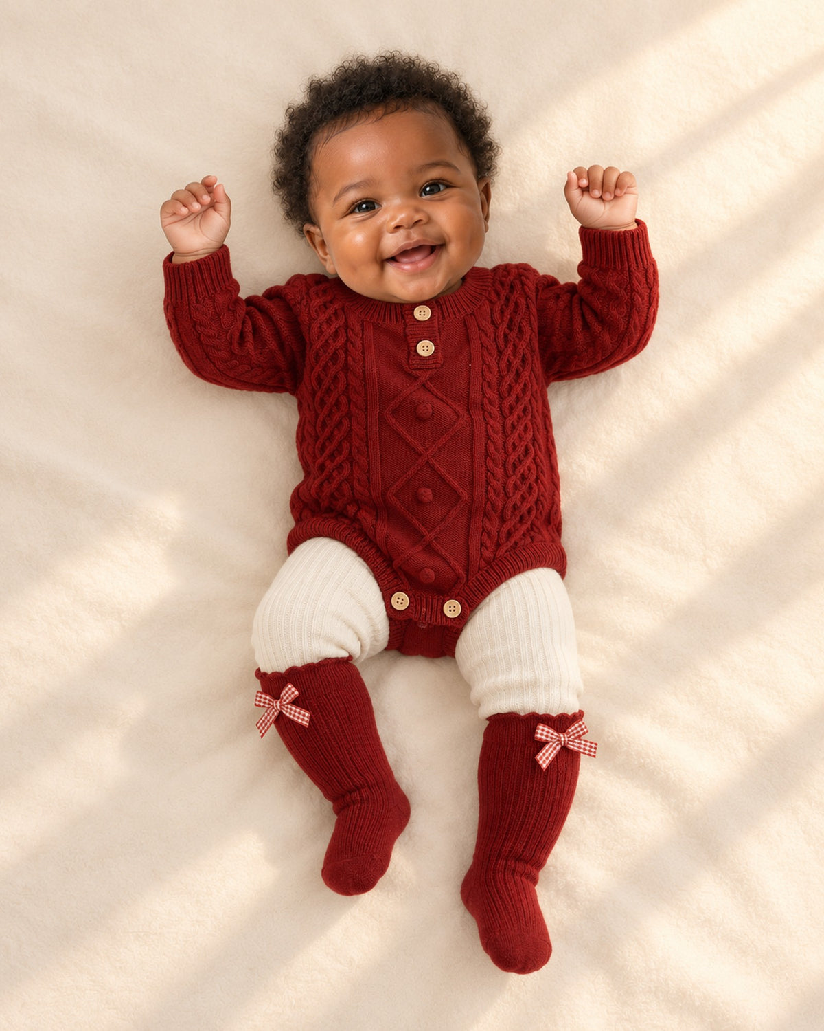 Front view of a baby in the red cable knit bodysuit, cream ribbed leggings and red bow socks, full length – Red
