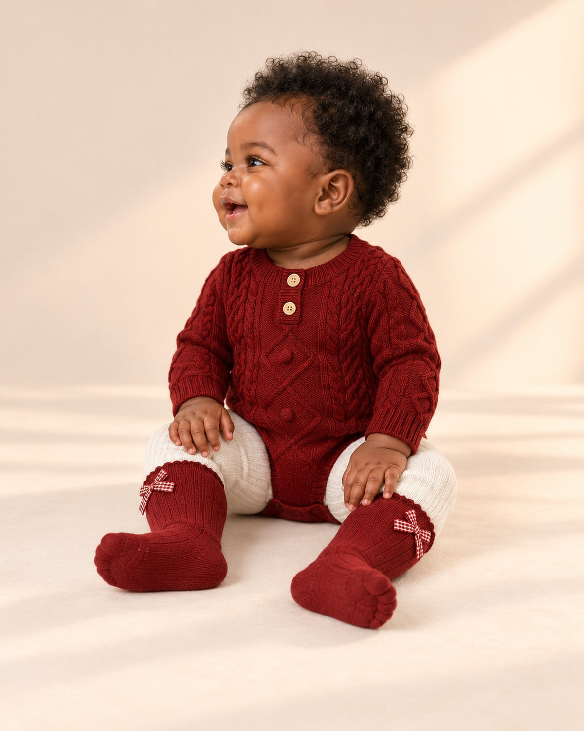 Side view of the red cable knit bodysuit with leggings and bow socks – Red