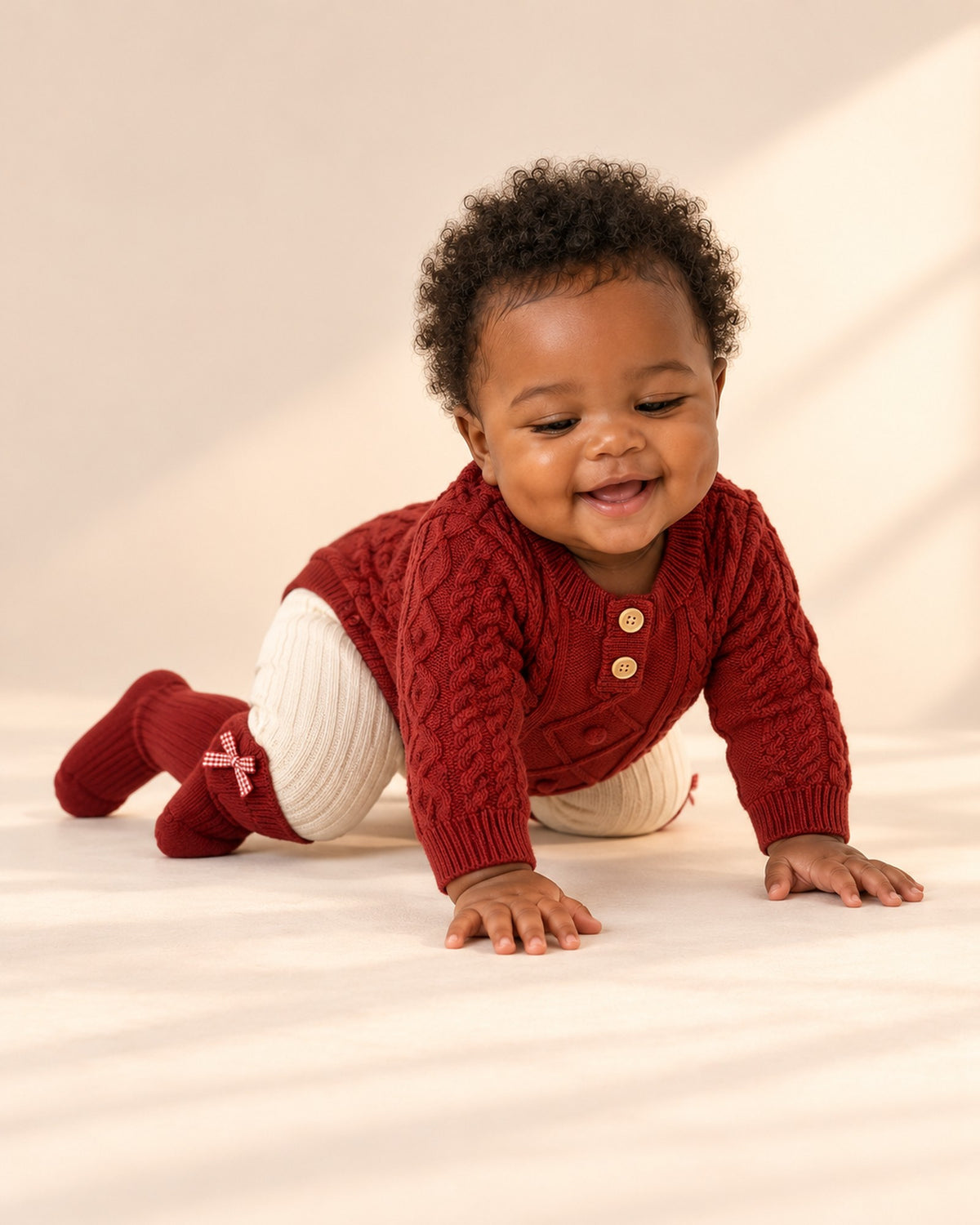 Baby in the red Noelle cable knit bodysuit, sitting and smiling in the studio in the full holiday outfit – Red