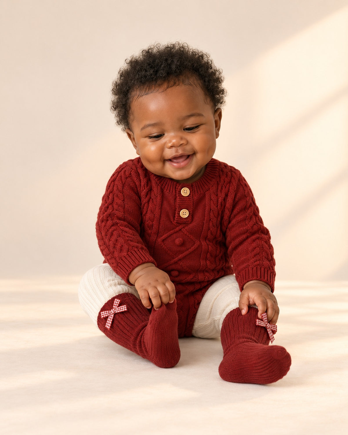 Baby in the red Noelle cable knit bodysuit, sitting and smiling in the studio in the full holiday outfit – Red
