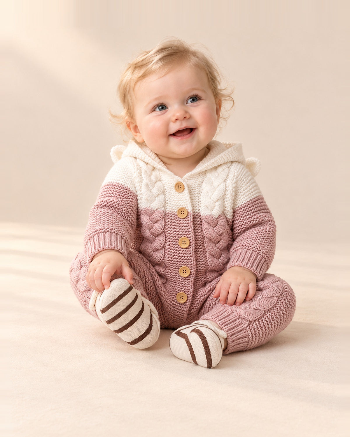Close-up of the pink and cream chunky cable romper with hood ears and wooden-look buttons – Pink