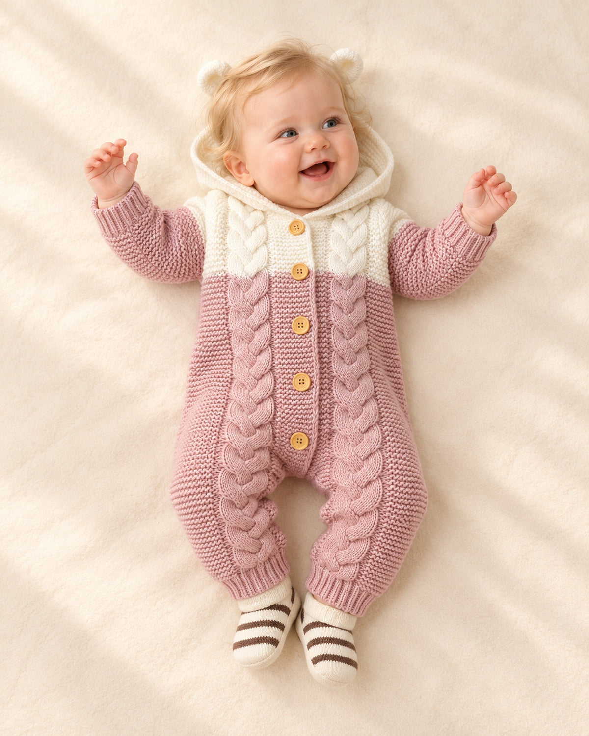 Front view of a baby girl in the pink ombré cable knit romper and striped sock shoes, full length – Pink