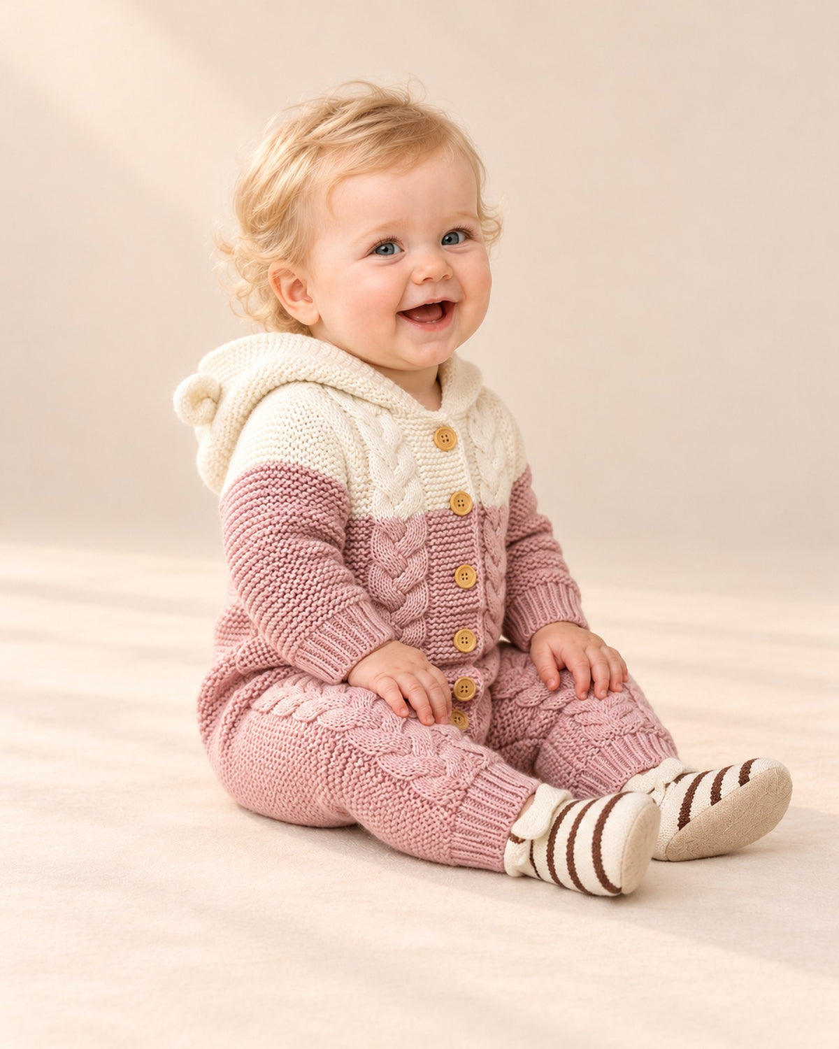 Side view of the pink hooded cable romper showing the ears and sock shoes – Pink