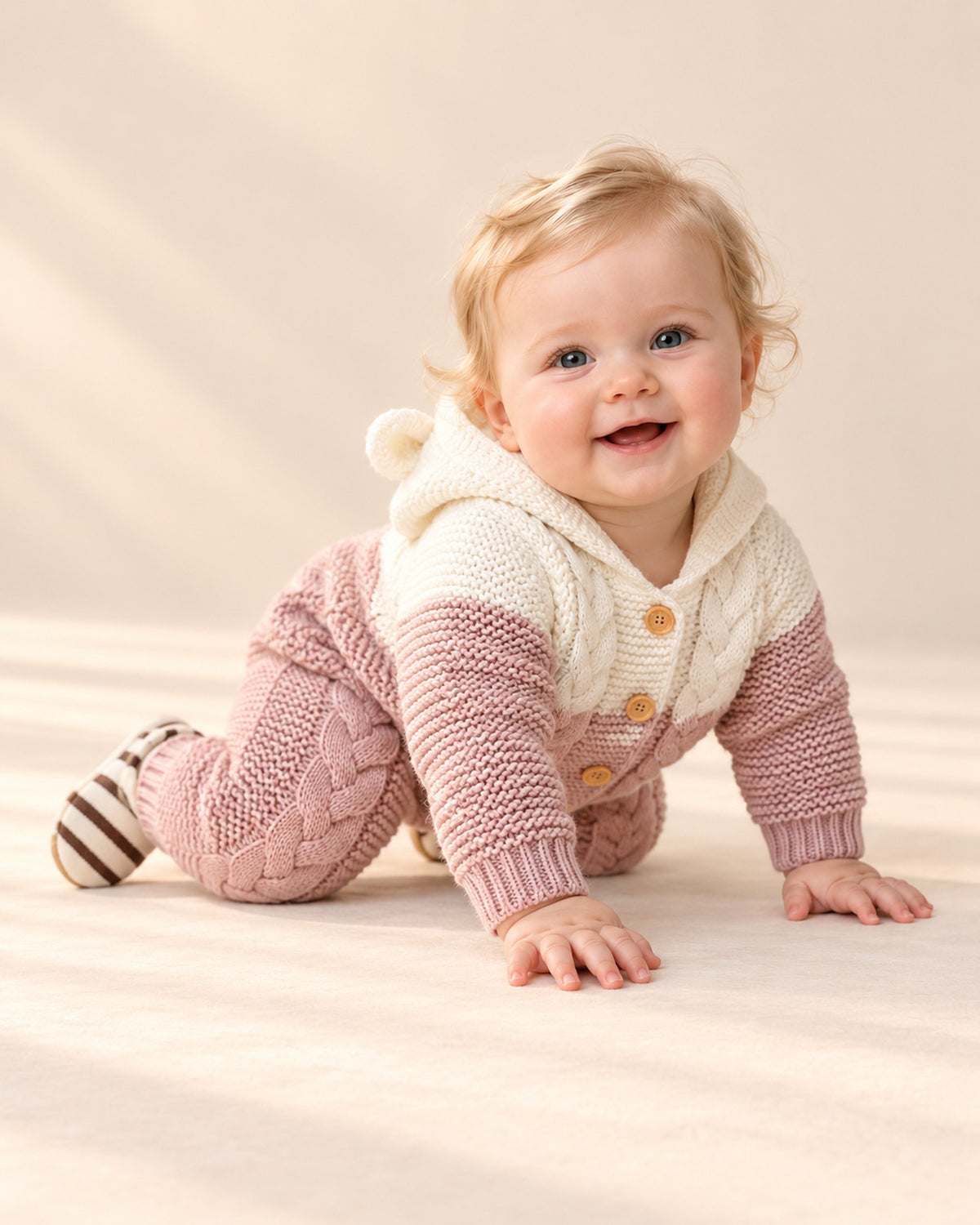 Baby girl in the pink Primrose romper with the hood up, sitting on a soft studio rug – Pink