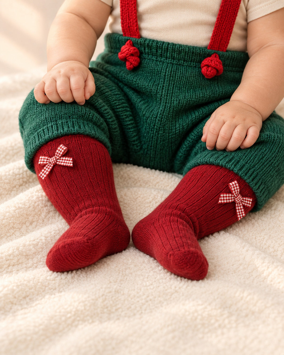 Close-up of the green knit suspender pants with red straps and little pompoms – Green