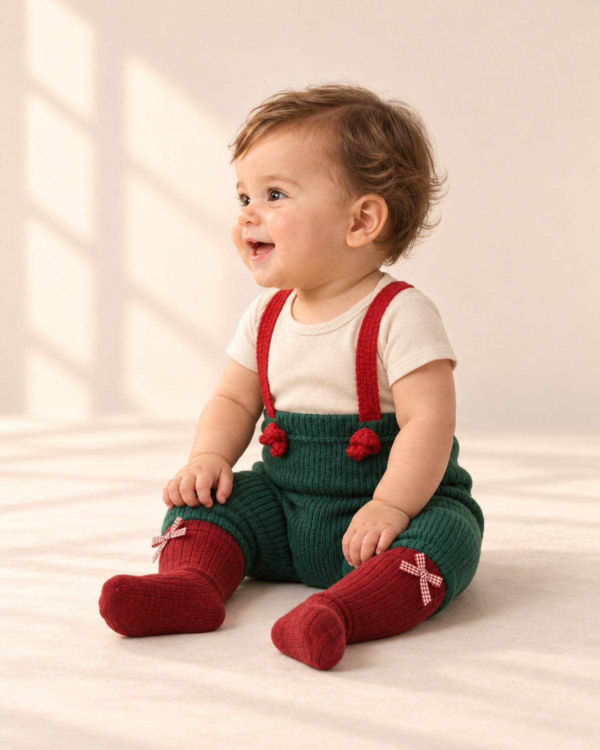 Side view of the green knit suspender pants with the oatmeal bodysuit and bow socks – Green