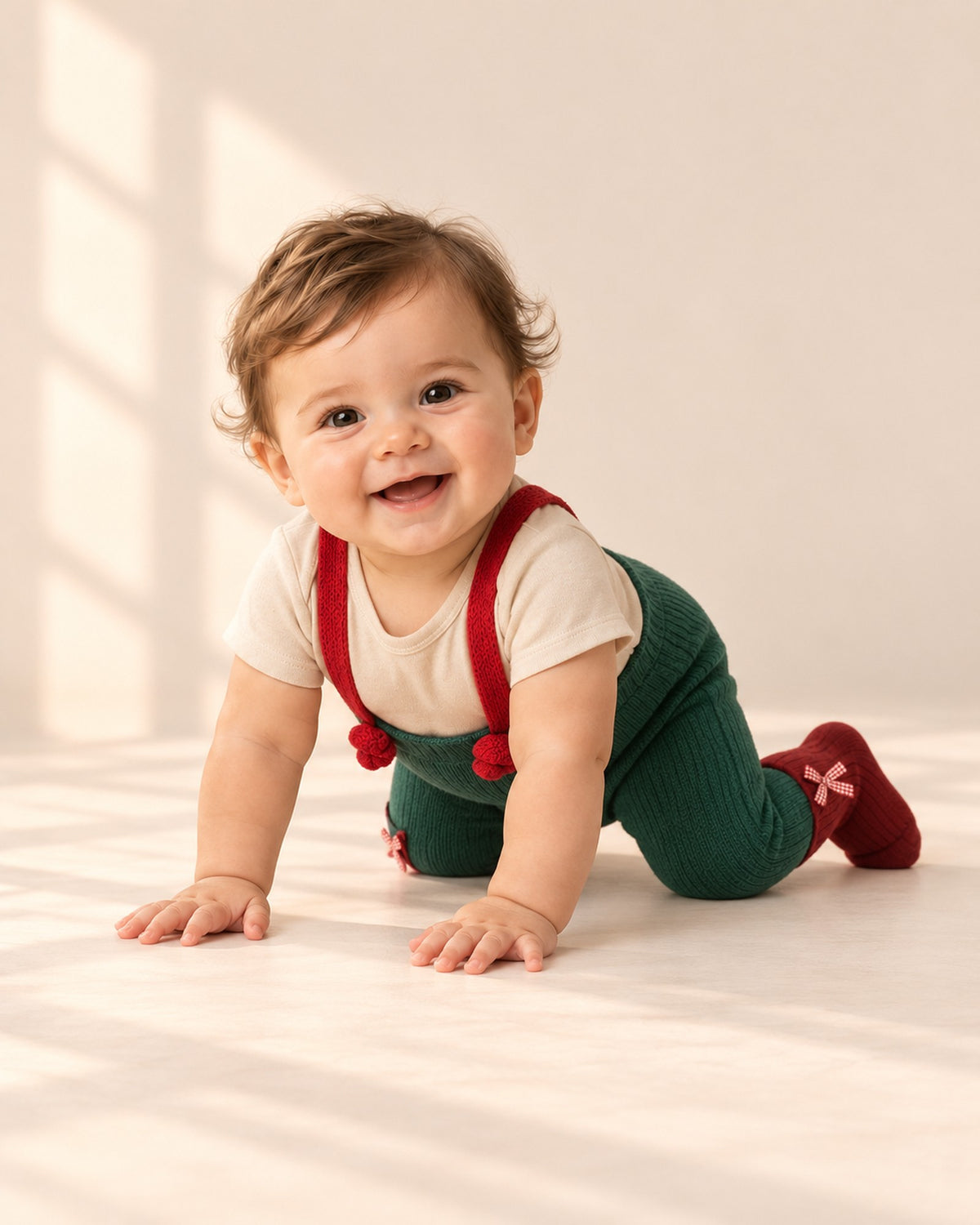 Baby in the green Douglas suspender pants, crawling happily across the studio floor – Green