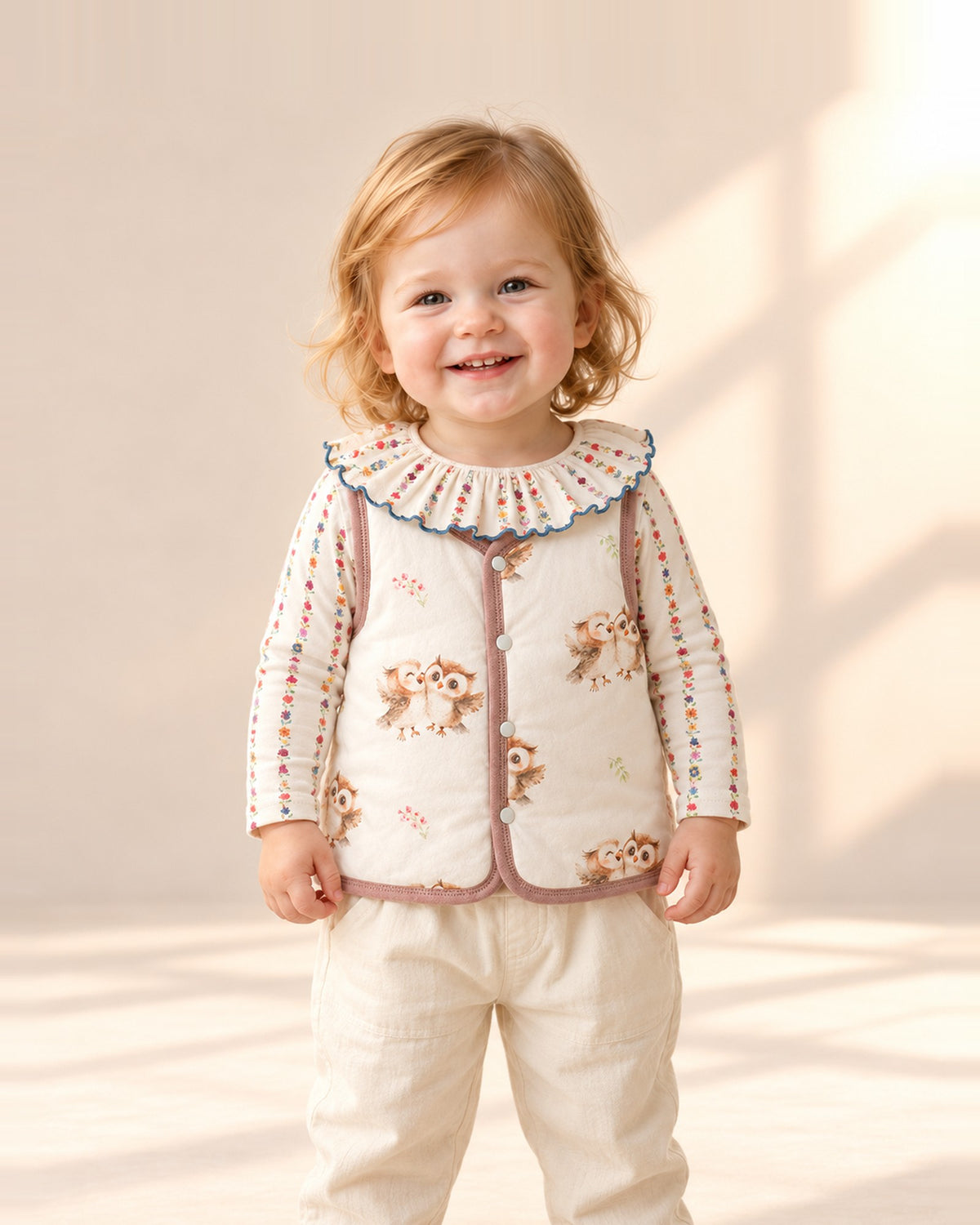 Close-up of the cream quilted vest with owl print, contrast piping and button front – Cream Owl