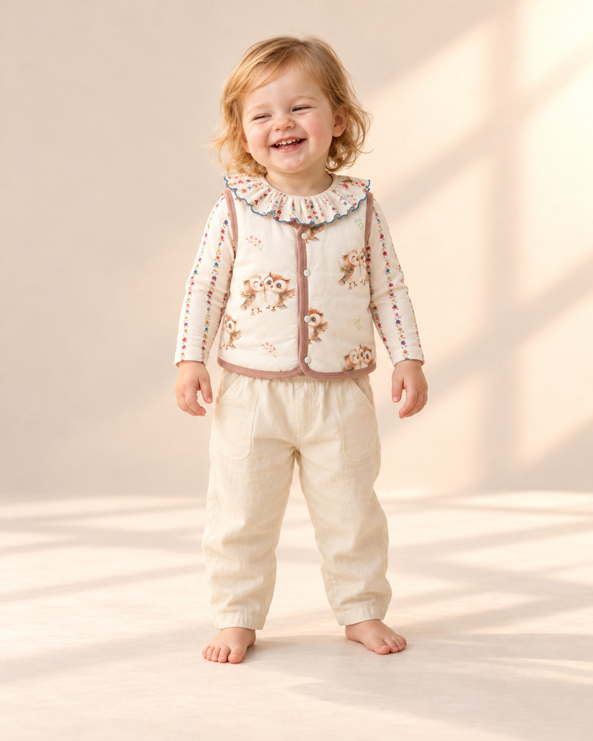 Front view of a little girl in the owl print quilted vest, ruffle collar bodysuit and cream baby pants, full length – Cream Owl