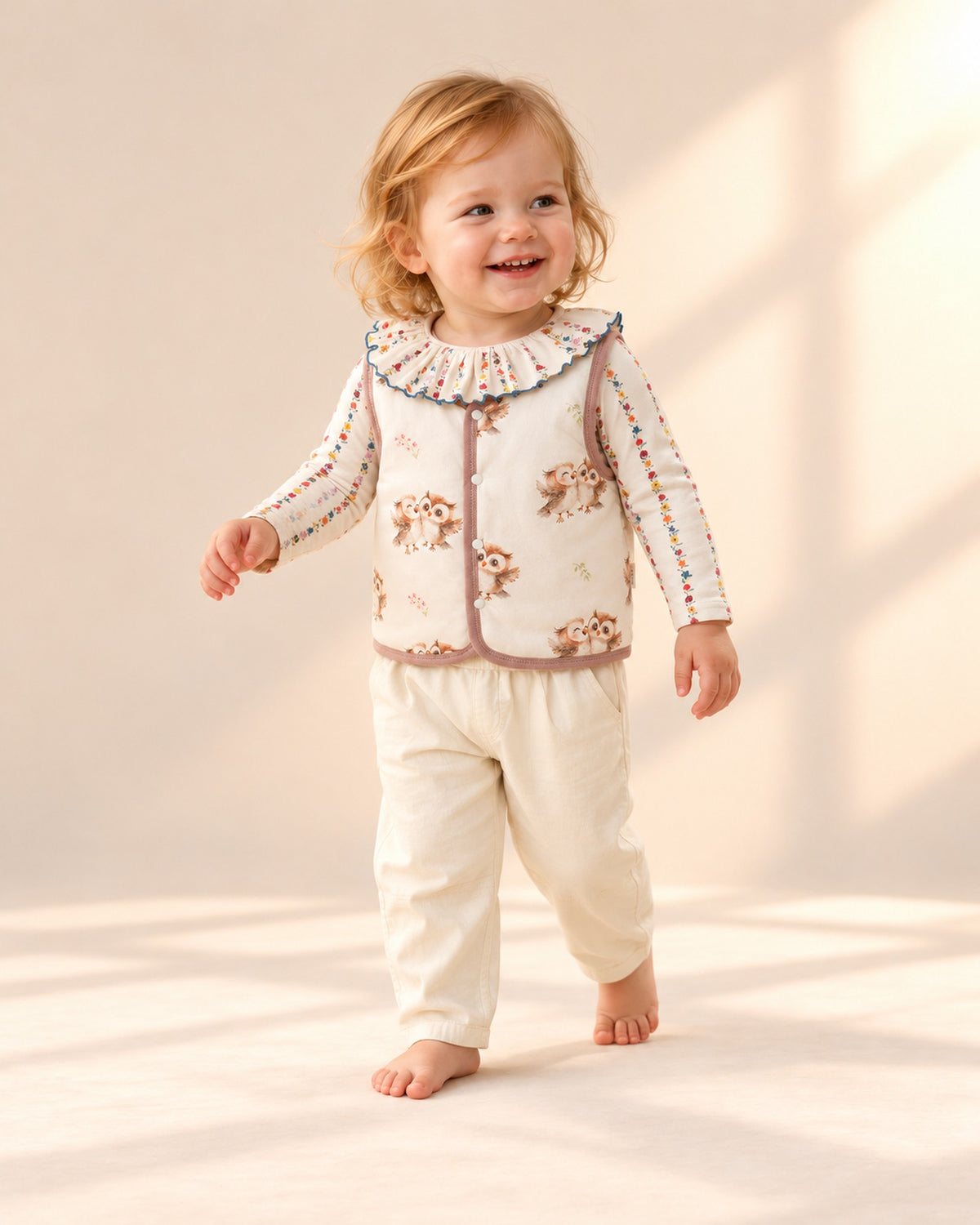 Little girl in the Hattie owl print vest, playing by a studio window in the full outfit – Cream Owl