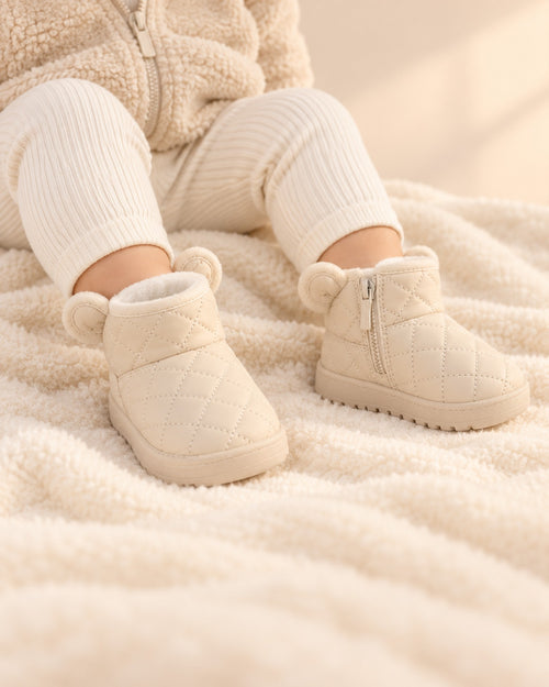 Close-up of a toddler's feet in cream quilted bear ear booties – Cream