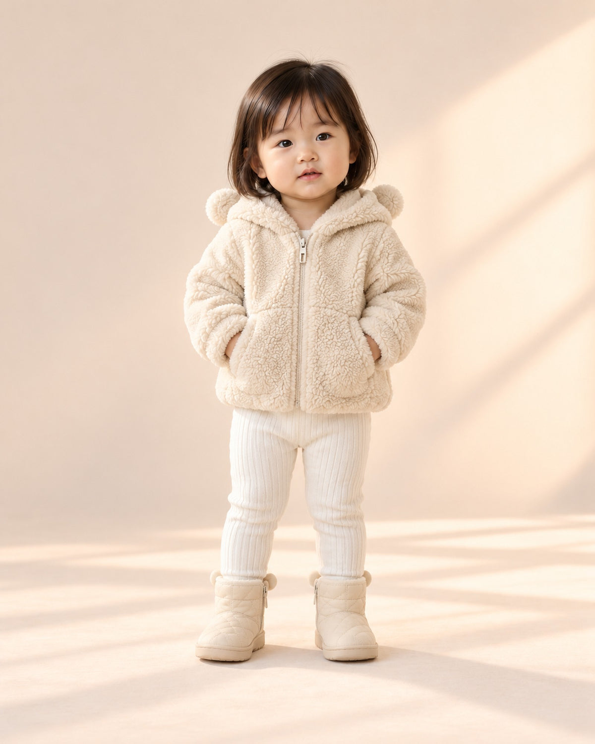 Front view of a toddler in the cream bear ear booties, bear ear sherpa jacket and cream ribbed leggings, full length – Cream