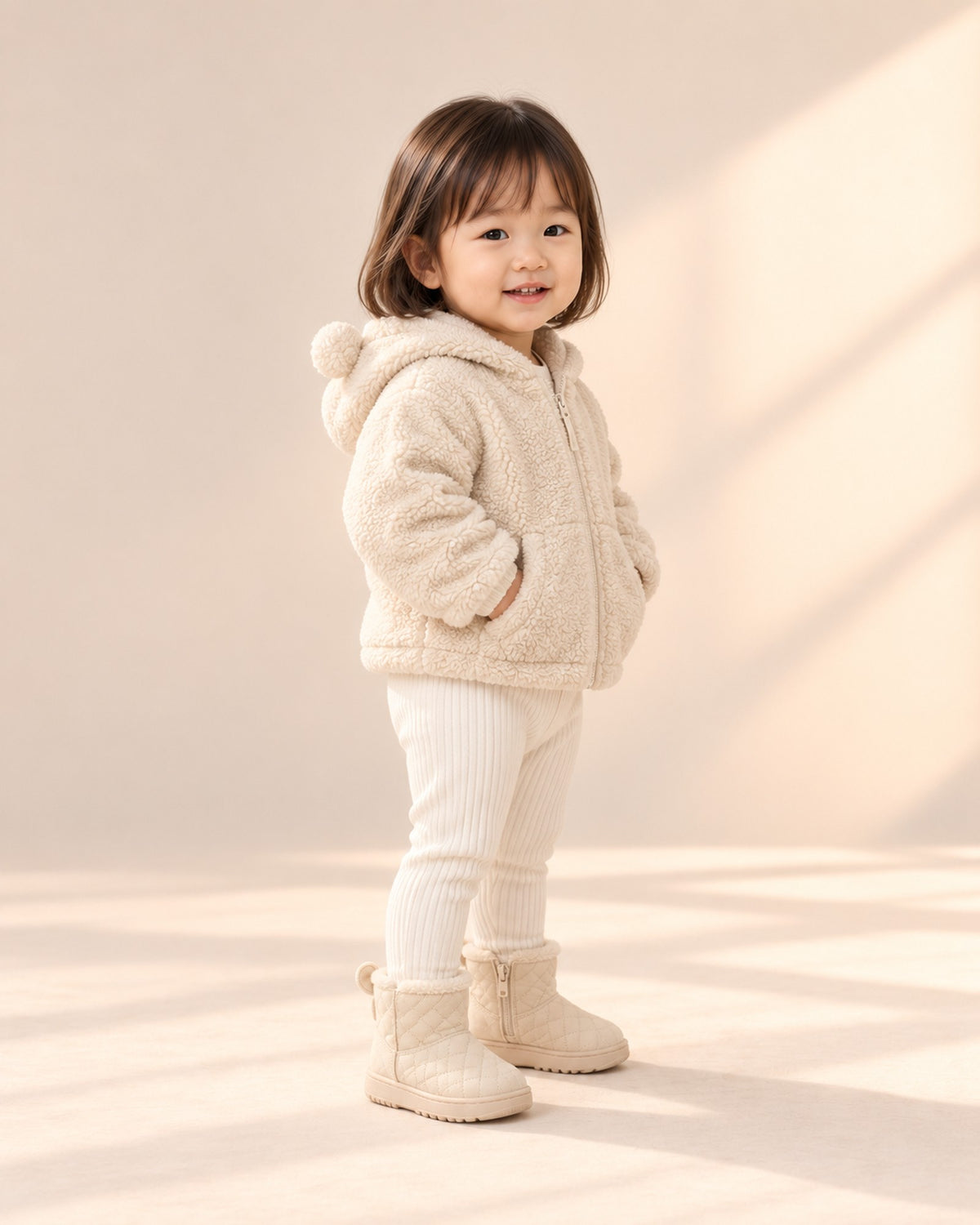 Side view of the cream quilted booties showing the little bear ears at the back – Cream