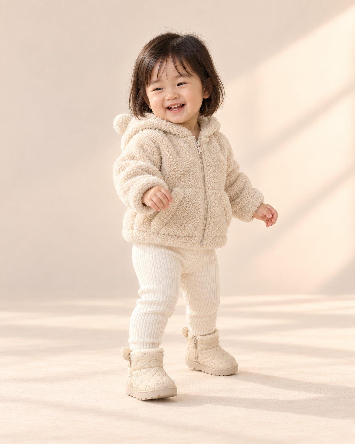 Toddler in the cream bear ear booties and sherpa jacket, taking a few steps across the studio – Cream