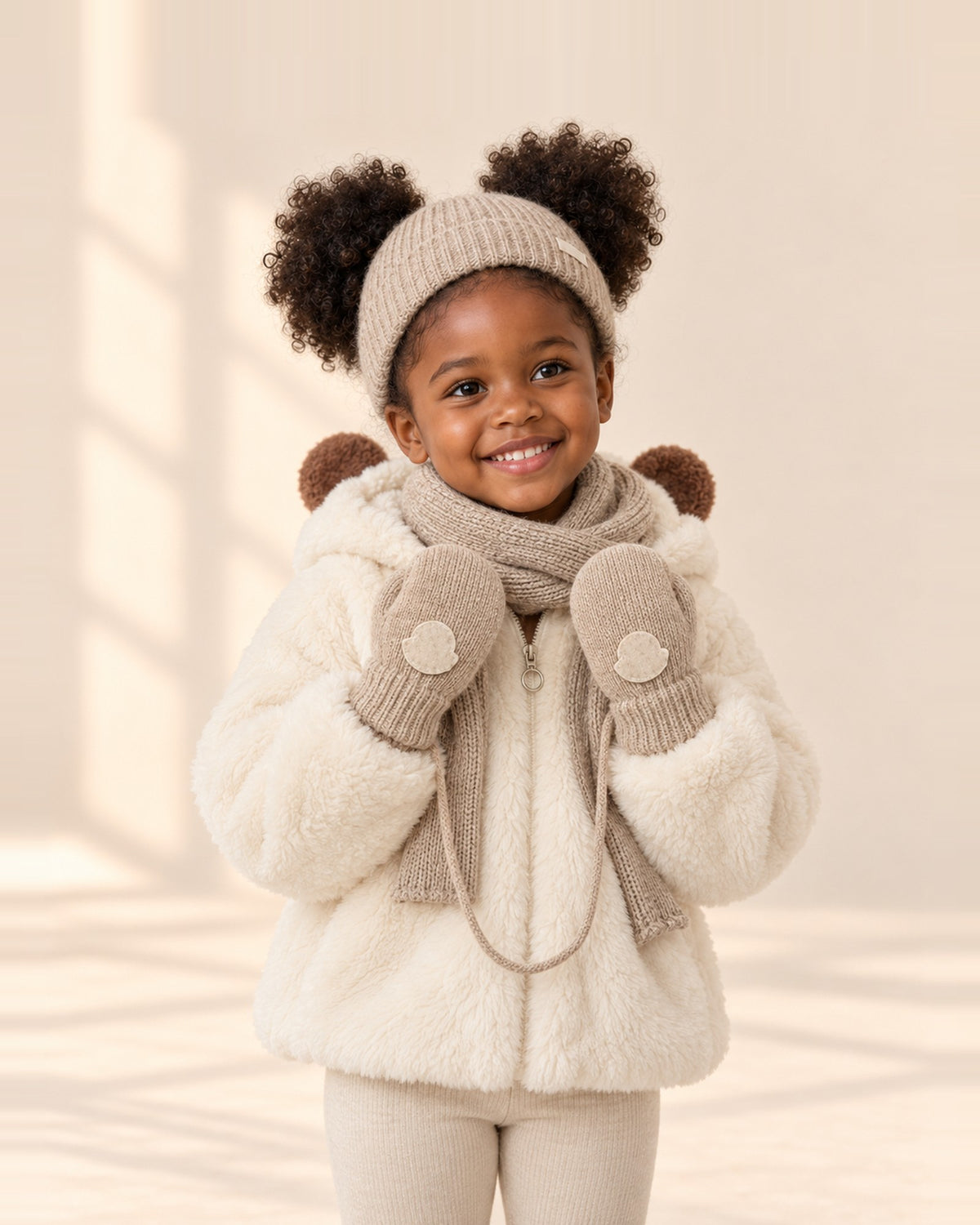 Close-up of small hands in oatmeal knit mittens on a string, with the cream teddy coat sleeves – Oatmeal
