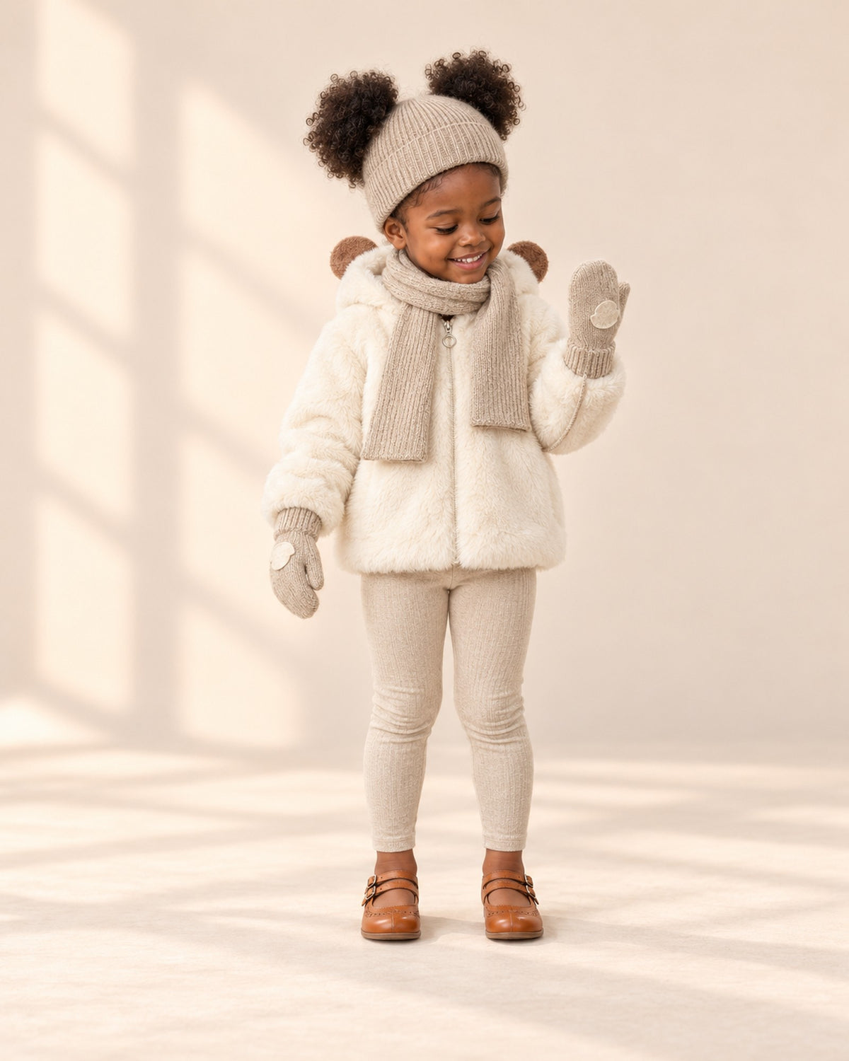Front view of a girl in the oatmeal string mittens, cream teddy bear ear coat, oatmeal beanie and scarf, oatmeal leggings and cognac Mary Janes, full length – Oatmeal