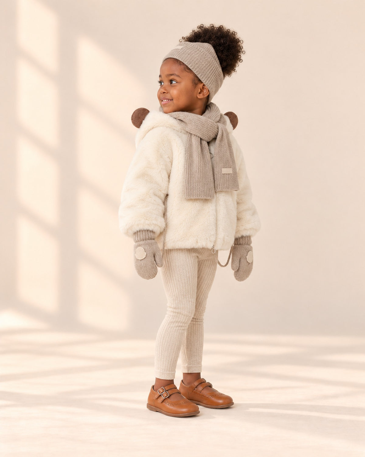 Side view of the oatmeal mittens with the string running into the teddy coat sleeve – Oatmeal