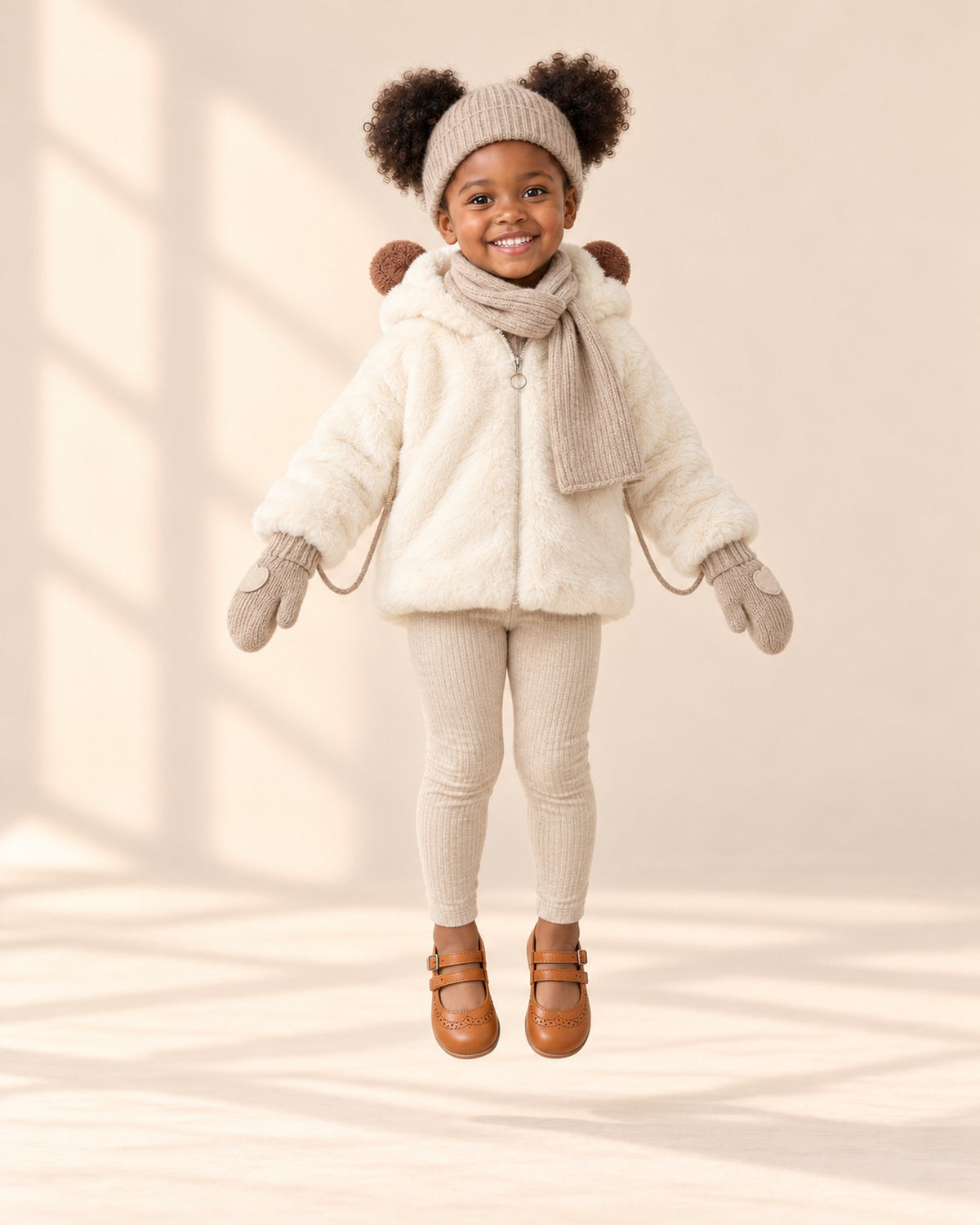 Girl in the teddy coat and oatmeal knit mittens, clapping her hands in the studio – Oatmeal