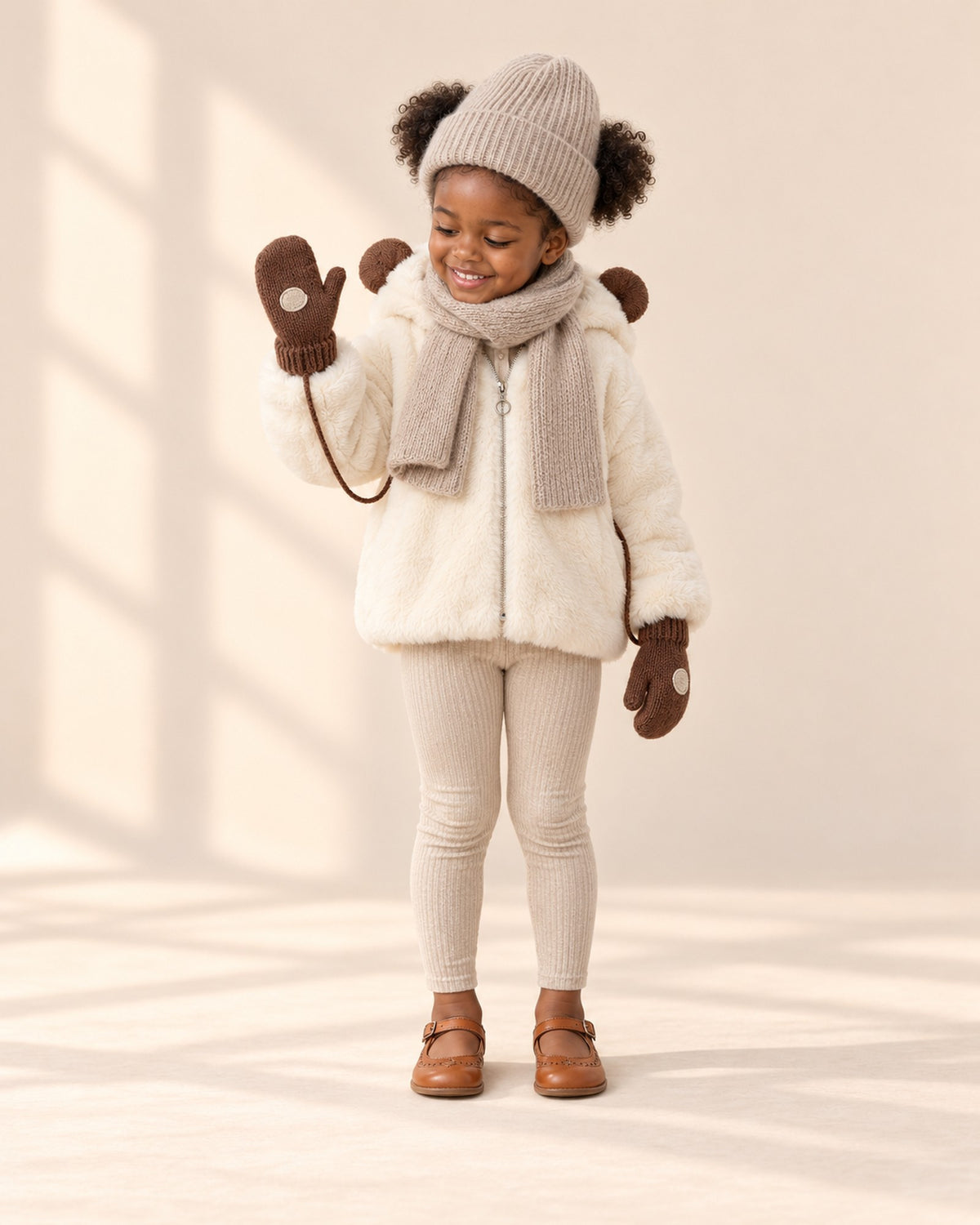 Knit String Mittens in Brown – full front view