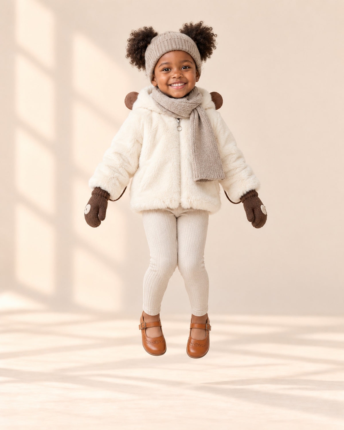 Knit String Mittens in Brown – natural pose