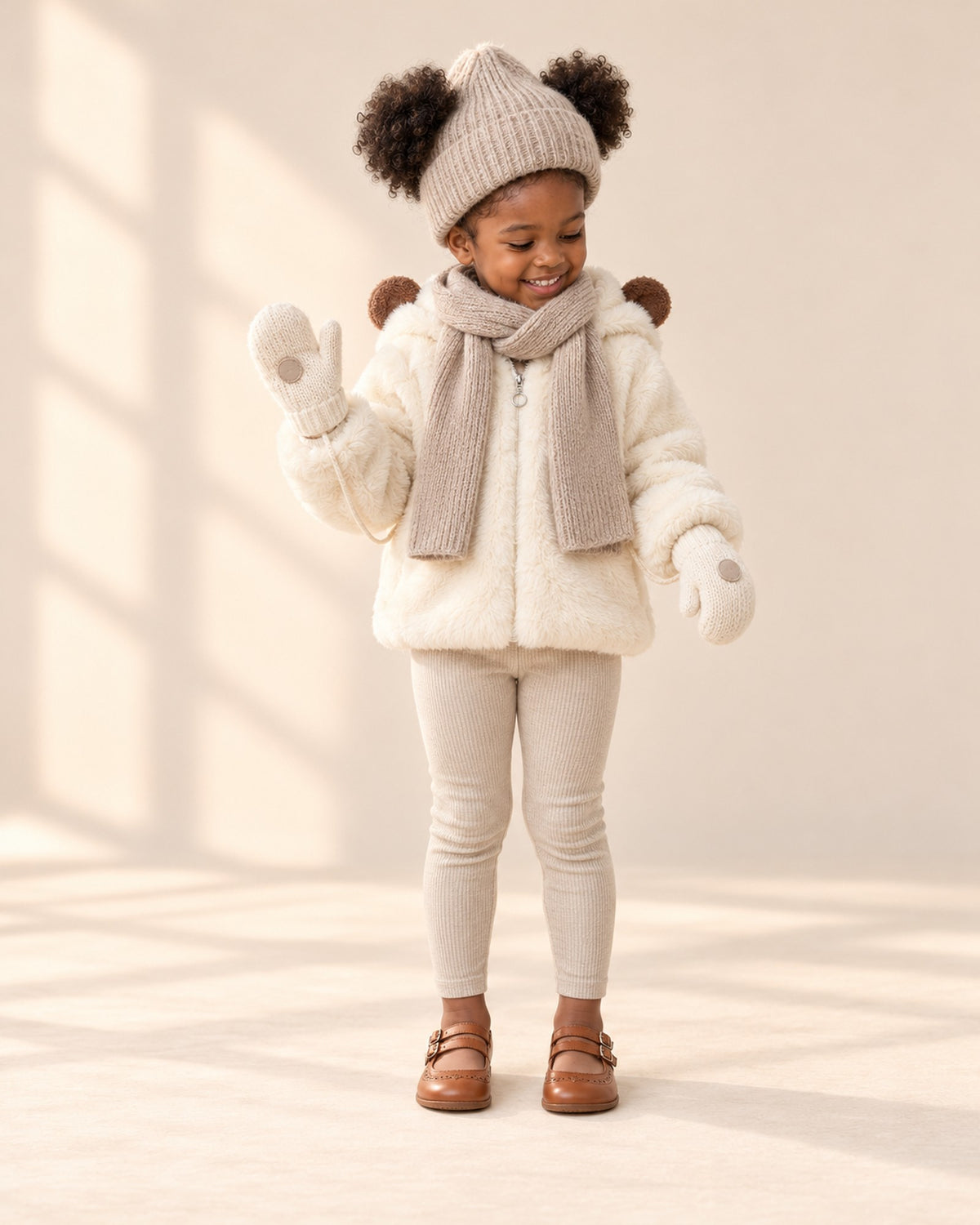 Knit String Mittens in Cream – full front view