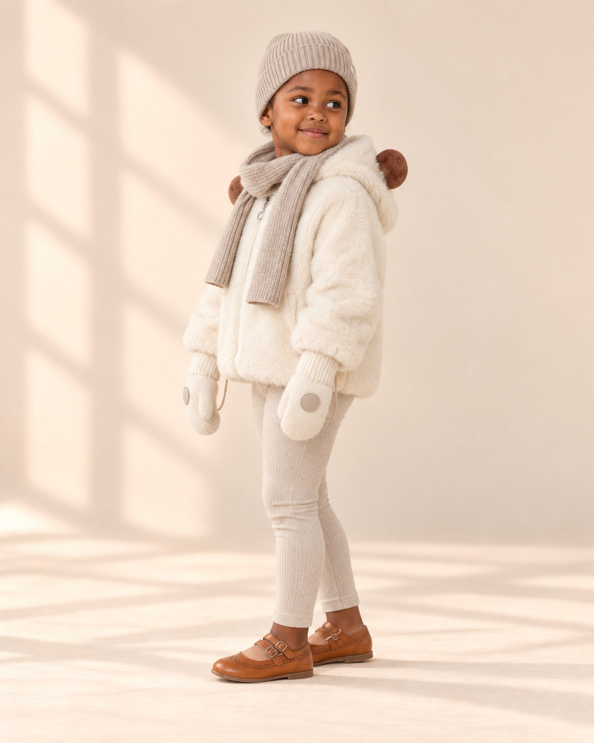 Knit String Mittens in Cream – side view
