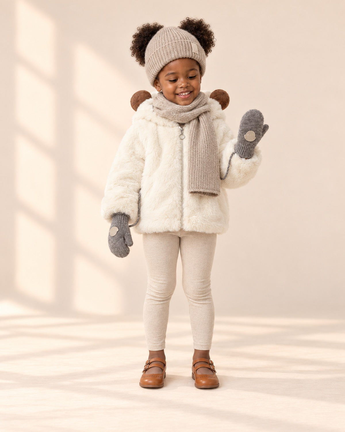 Knit String Mittens in Grey – full front view