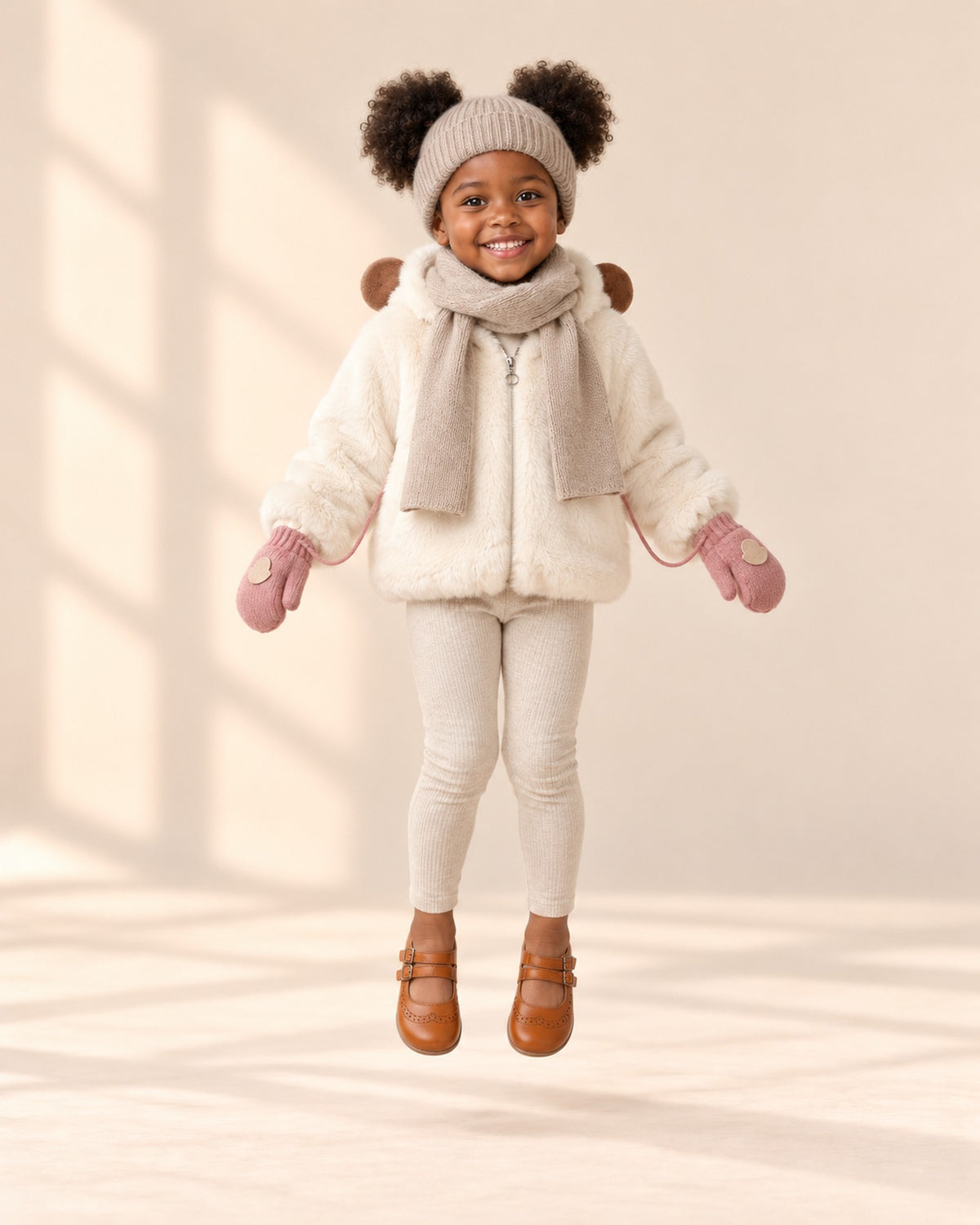 Knit String Mittens in Pink – natural pose