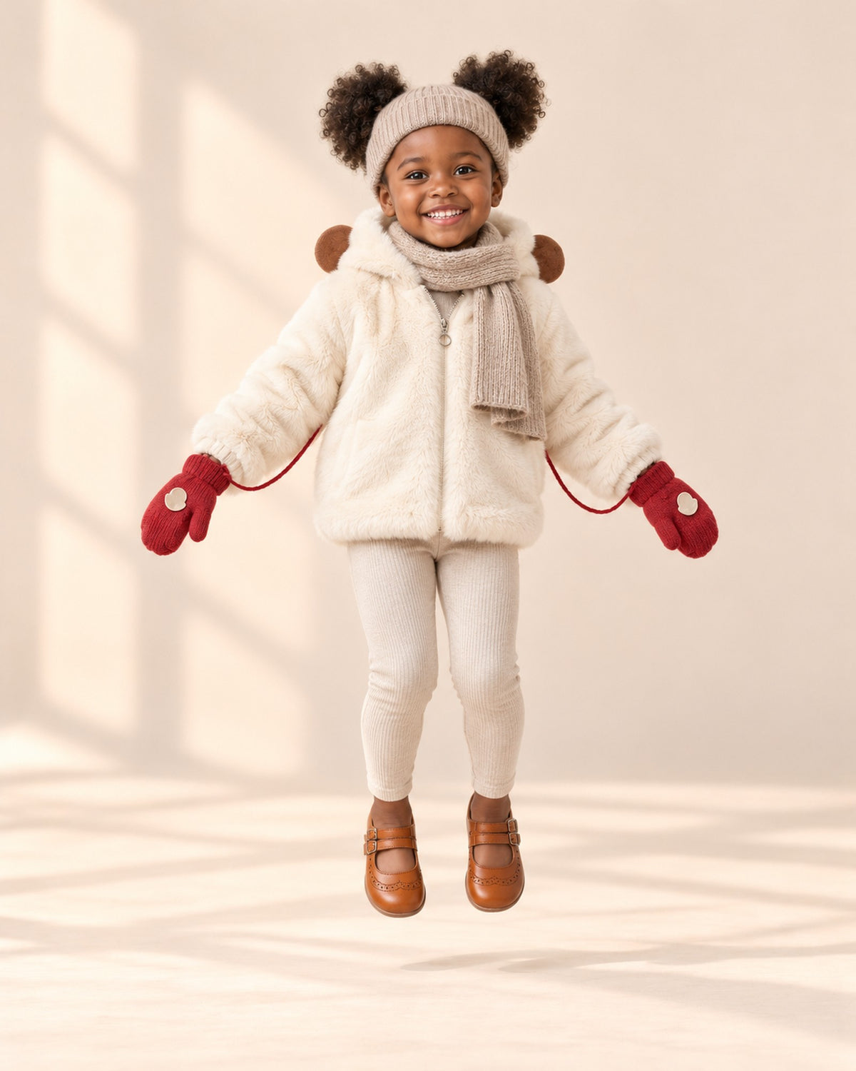 Knit String Mittens in Red – natural pose