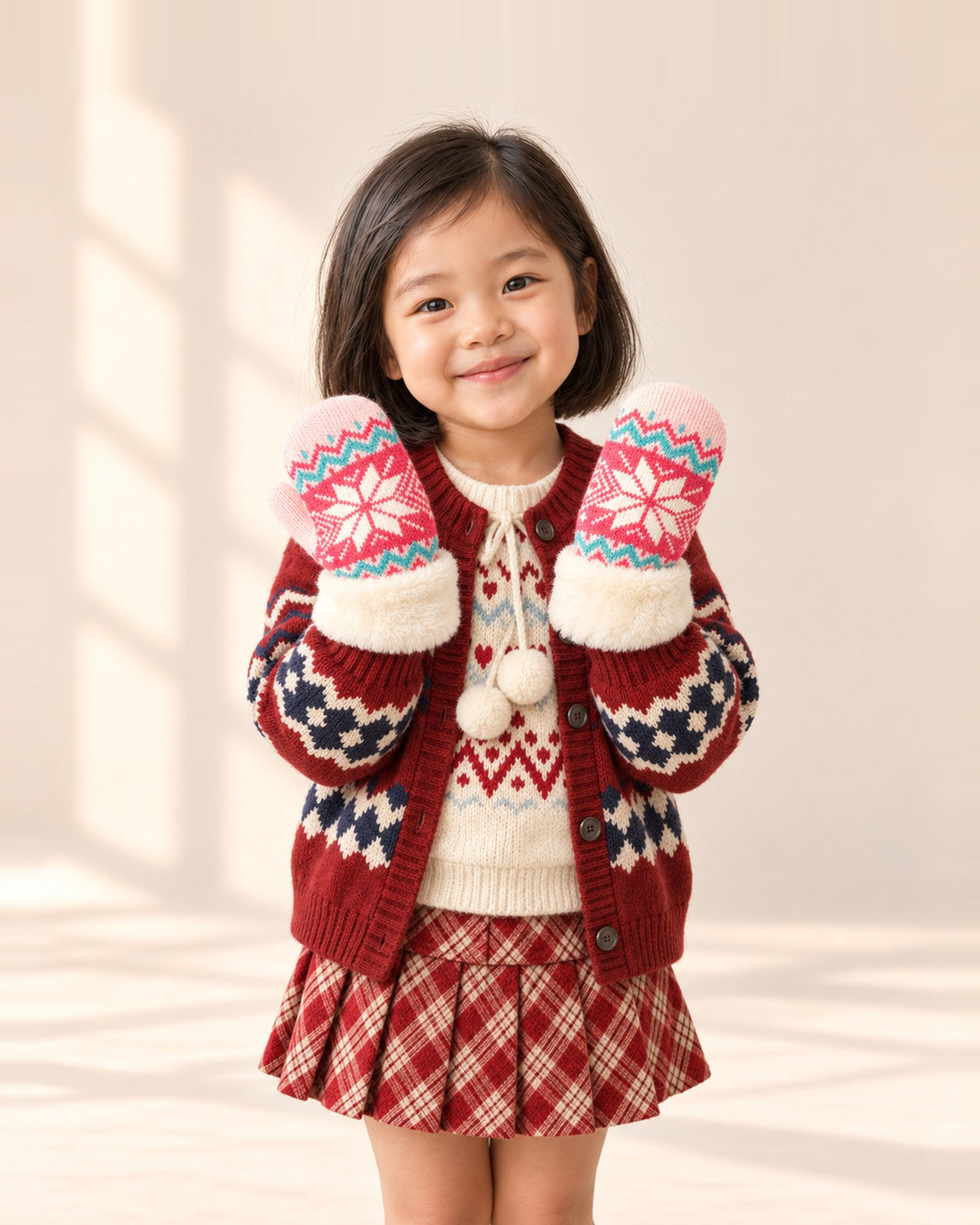 Close-up of small hands in pink Fair Isle snowflake mittens with cream faux-fur cuffs, with the red cardigan sleeves – Pink