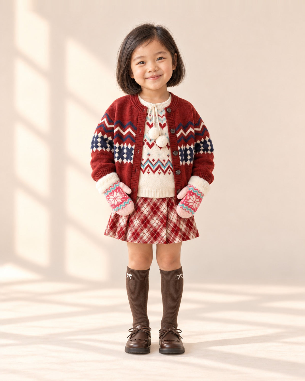 Front view of a girl in the pink Fair Isle mittens, Fair Isle sweater and plaid skirt set, red cardigan, chocolate knee socks and brown bow loafers, full length – Pink