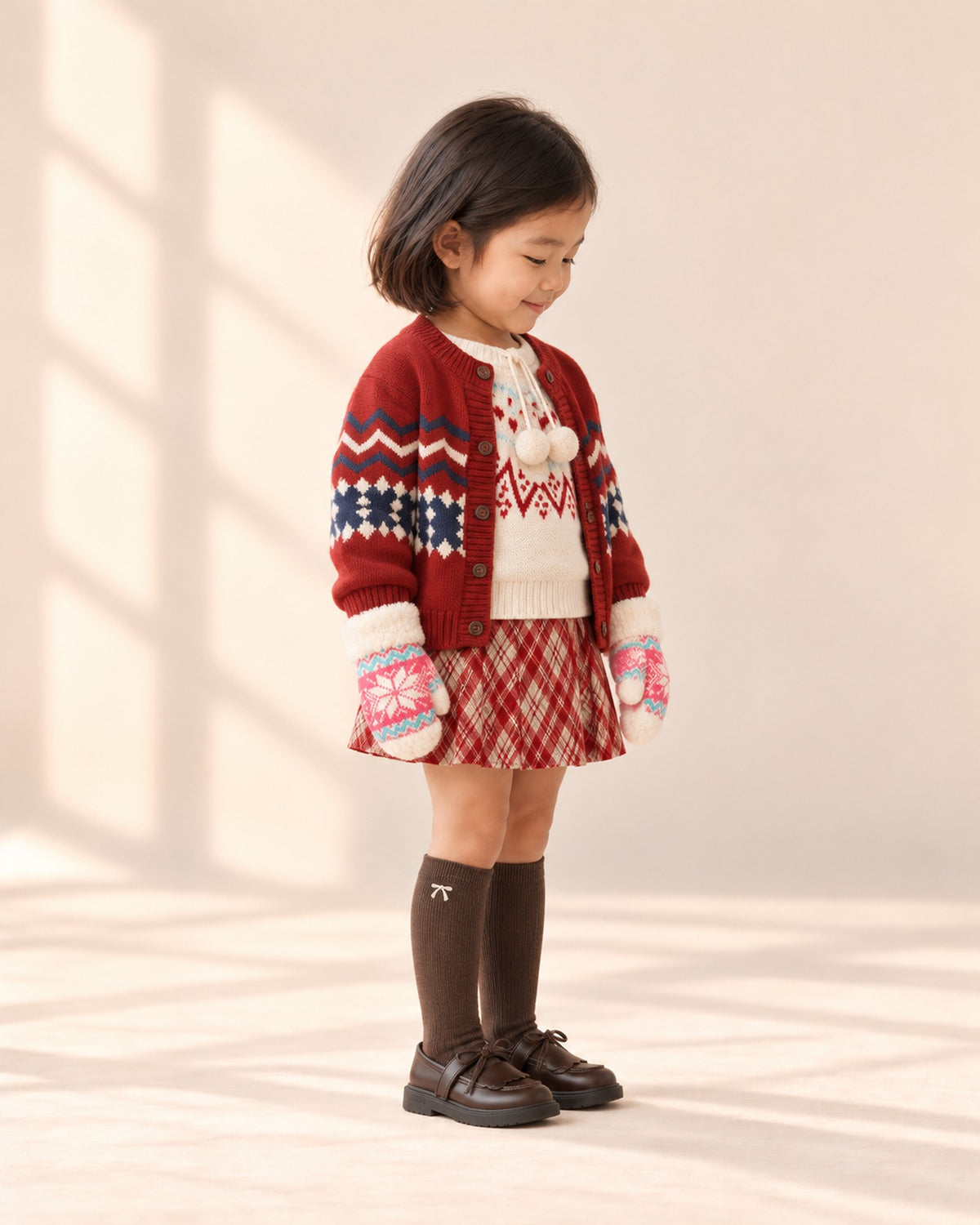 Side view of the pink snowflake mittens with the Fair Isle holiday outfit – Pink
