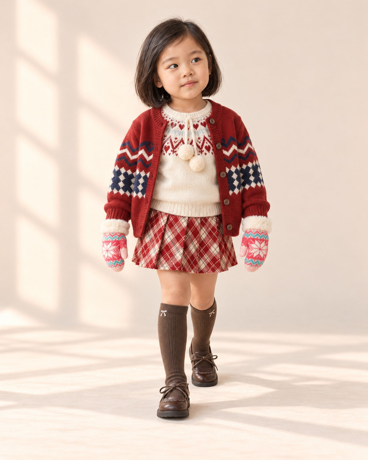 Girl in her Fair Isle holiday outfit and pink mittens, holding her hands up to her cheeks in the studio – Pink