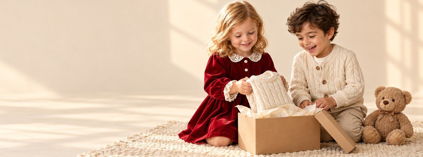 A girl and a boy unwrapping a cream cable knit sweater, with their teddy bear beside them